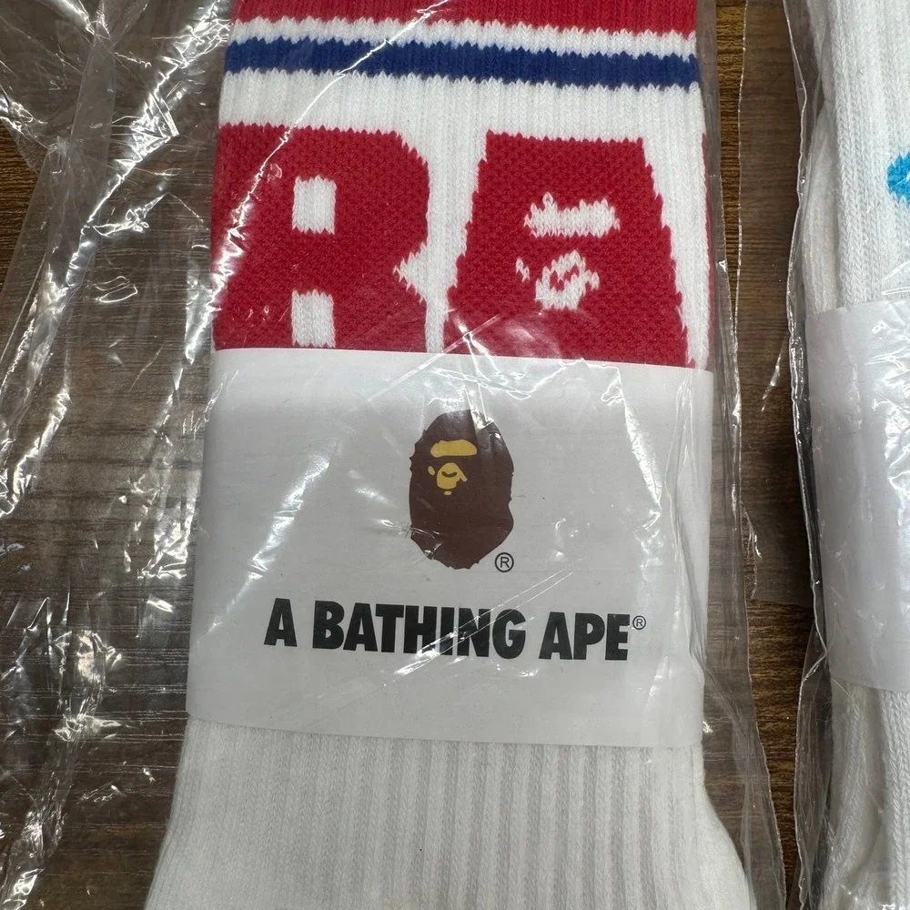 NEW A Bathing Ape BAPE Mens Crew Socks 2 Pair Set White Ape Head Logo